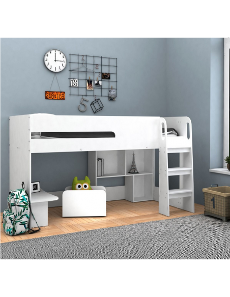 Kidsaw Kids Mid Sleeper With Desk, Bookcase And Toybox-White Kidsaw