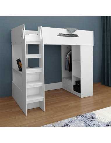 Kidsaw Kudl High Sleeper Bed With Desk, Storage and Hanging Area-White