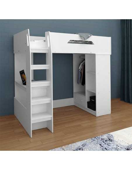 Kidsaw Kudl High Sleeper Bed With Desk, Storage and Hanging Area-White Kidsaw