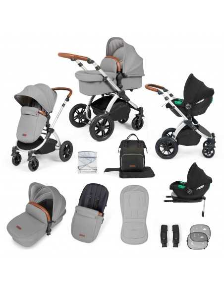 Ickle Bubba Stomp Luxe All in One Travel System With Isofix Base (Cirrus)-Silver / Pearl Grey / Tan Ickle Bubba