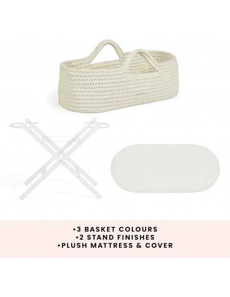 Ickle Bubba Nova Crochet Moses Basket & Foldable Stand-White/Cloud Ickle Bubba