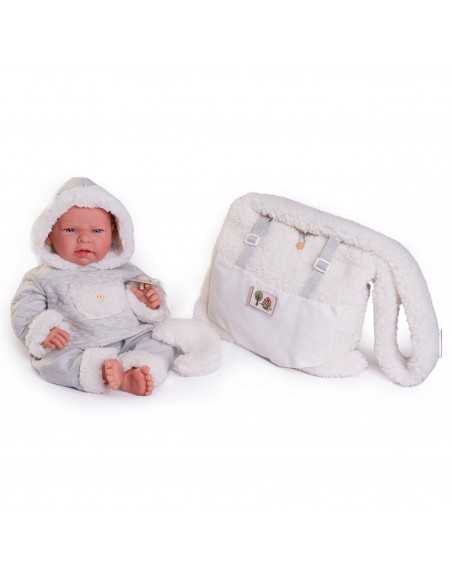 Muncas Antonio Juan Doll Newborn Lea with Fleece Baby Carrier 42cm-White Roma