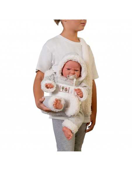 Muncas Antonio Juan Doll Newborn Lea with Fleece Baby Carrier 42cm-White Roma