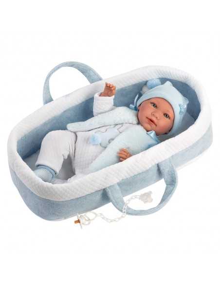 Llorens Dolls Crying Doll - Baby Doll Mimo with Light Blue Carrycot- Blue (74011) Llorens Dolls