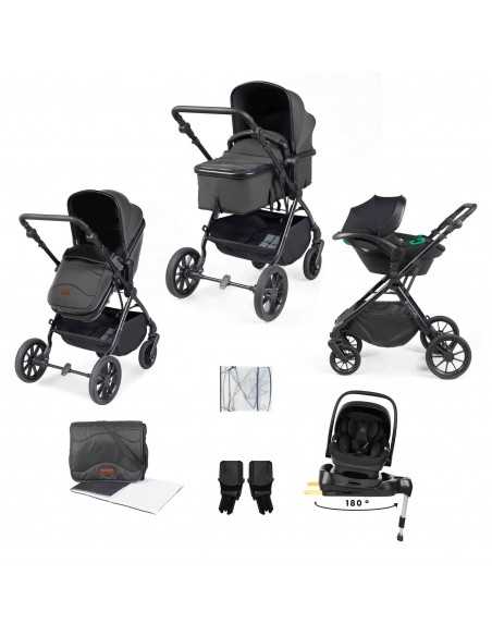 Ickle Bubba Cosmo Black Chassis 9 Piece Travel System with i Size Nimbus Car Seat & Spin ISOFIX Base-Graphite Grey/Black Ickle Bubba