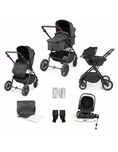 Ickle Bubba Cosmo Black Chassis 9 Piece Travel System with i Size Nimbus Car Seat & Spin ISOFIX Base-Graphite Grey/Tan Ickle Bubba