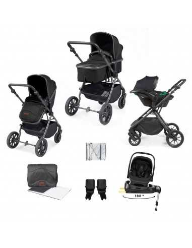 Ickle Bubba Cosmo Gunmetal Chassis 9 Piece Travel System with i Size Nimbus Car Seat & Spin ISOFIX Base-Black/Black