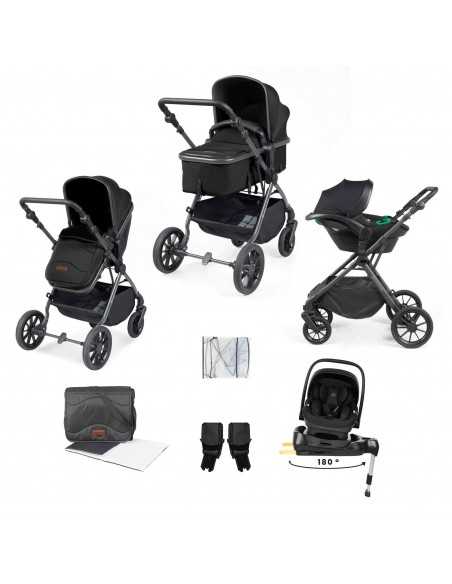 Ickle Bubba Cosmo Gunmetal Chassis 9 Piece Travel System with i Size Nimbus Car Seat & Spin ISOFIX Base-Black/Black Ickle Bubba