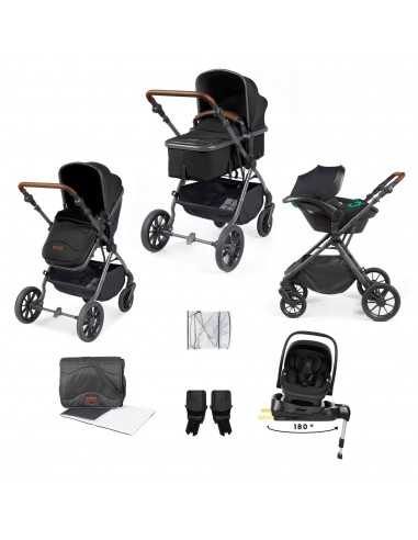Ickle Bubba Cosmo Gunmetal Chassis 9 Piece Travel System with i Size Nimbus Car Seat & Spin ISOFIX Base-Black/Tan
