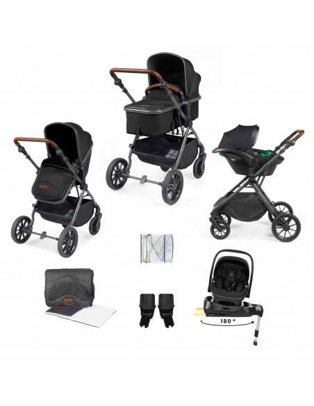 Ickle Bubba Cosmo Gunmetal Chassis 9 Piece Travel System with i Size Nimbus Car Seat & Spin ISOFIX Base-Black/Tan Ickle Bubba