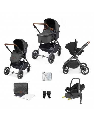 Ickle Bubba Cosmo Black Chassis 9 Piece Travel System with Maxi Cosi Cabriofix i Size Car Seat & ISOFIX Base-Graphite Grey/Tan