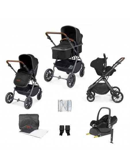 Ickle Bubba Cosmo Gunmetal Chassis 9 Piece Travel System with Maxi Cosi Cabriofix i Size Car Seat & ISOFIX Base-Black/Tan Ickle Bubba