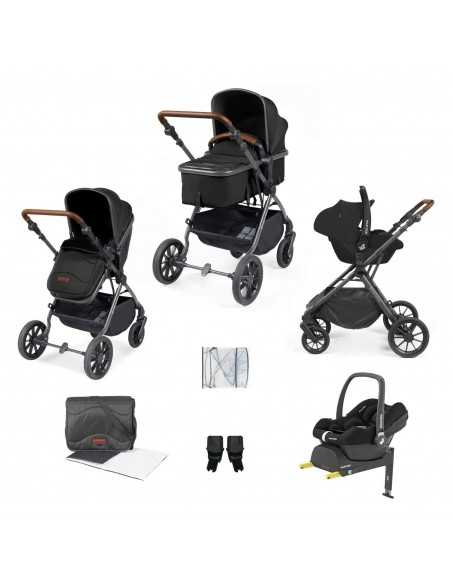 Ickle Bubba Cosmo Gunmetal Chassis 9 Piece Travel System with Maxi Cosi Cabriofix i Size Car Seat & ISOFIX Base-Black/Tan Ickle Bubba