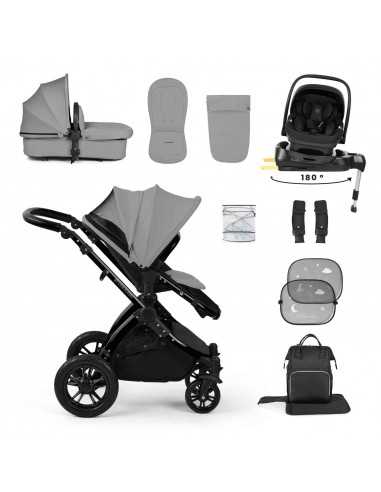 Ickle Bubba Stomp Luxe 12 Piece Travel System with i Size Nimbus Car Seat & Spin ISOFIX Base-Black / Pearl Grey / Black