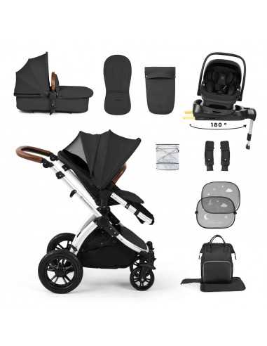 Ickle Bubba Stomp Luxe 12 Piece Travel System with i Size Nimbus Car Seat & Spin ISOFIX Base-Silver / Charcoal Grey / Tan