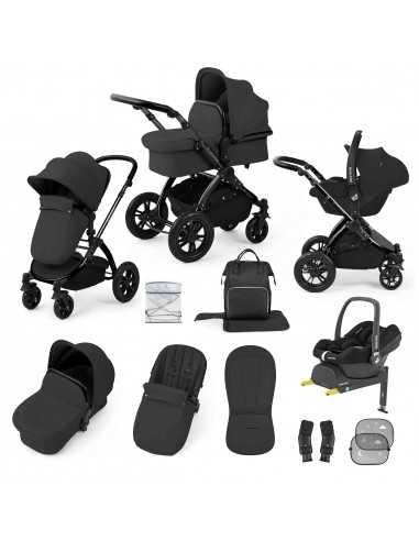 Ickle Bubba Stomp Luxe 12 Piece Travel System with Maxi Cosi Cabriofix i Size Car Seat & ISOFIX Base-Black/Charcoal Grey/Black