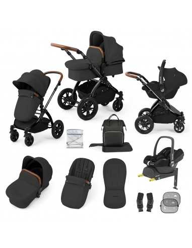 Ickle Bubba Stomp Luxe 12 Piece Travel System with Maxi Cosi Cabriofix i Size Car Seat & ISOFIX Base-Black/Charcoal Grey/Tan