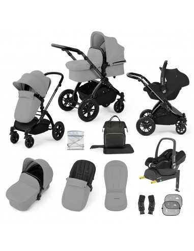 Ickle Bubba Stomp Luxe 12 Piece Travel System with Maxi Cosi Cabriofix i Size Car Seat & ISOFIX Base-Black/Pearl Grey/Black