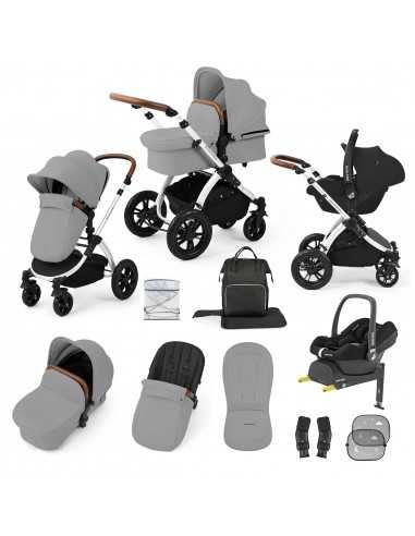 Ickle Bubba Stomp Luxe 12 Piece Travel System with Maxi Cosi Cabriofix i Size Car Seat & ISOFIX Base-Silver/Pearl Grey/Tan