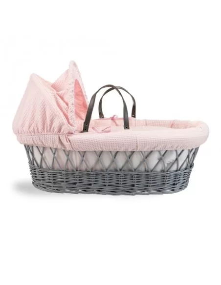 Clair de Lune Waffle Grey Wicker Moses Basket-Pink Clair De Lune