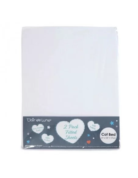 Clair De Lune Micro-Fresh 2 Pack Fitted Cot Bed Sheets-White Clair De Lune