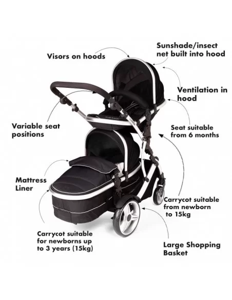 Kids Kargo Duellette Baby & Tot Double Pushchair With Free Isofix Car Seat-Black kids kargo