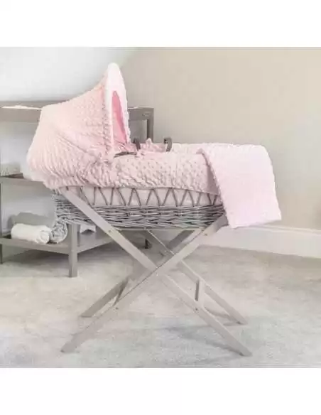 Clair de Lune Dimple Grey Wicker Moses Basket+Rocking Stand-Pink Clair De Lune