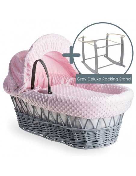 Clair de Lune Dimple Grey Wicker Moses Basket+Rocking Stand-Pink Clair De Lune