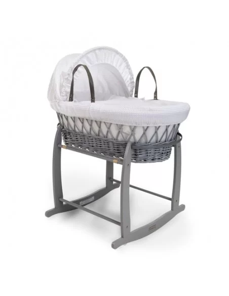 Clair de Lune Waffle Grey Wicker Moses Basket-White + Rocking Stand Clair De Lune