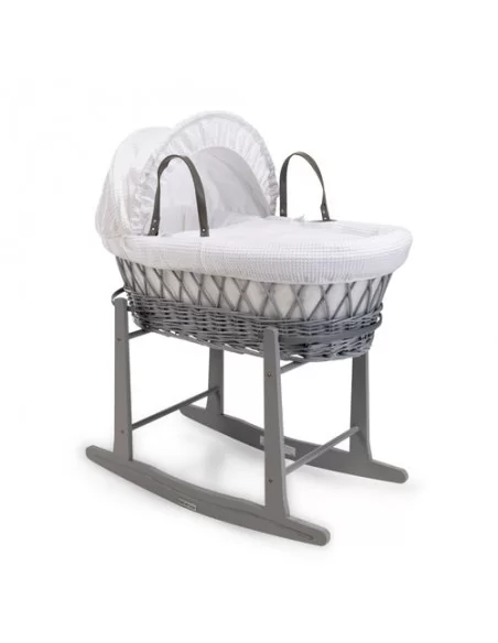 Clair de Lune Waffle Grey Wicker Moses Basket-White + Rocking Stand Clair De Lune