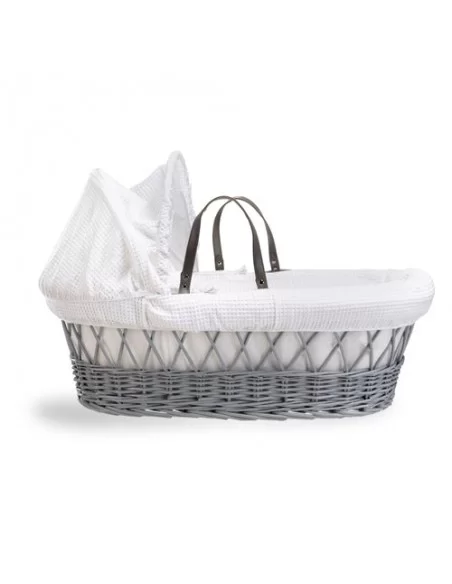 Clair de Lune Waffle Grey Wicker Moses Basket-White + Rocking Stand Clair De Lune
