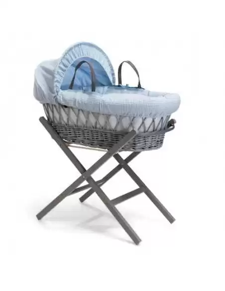Clair de Lune Waffle Grey Wicker Moses Basket-Blue + Rocking Stand Clair De Lune