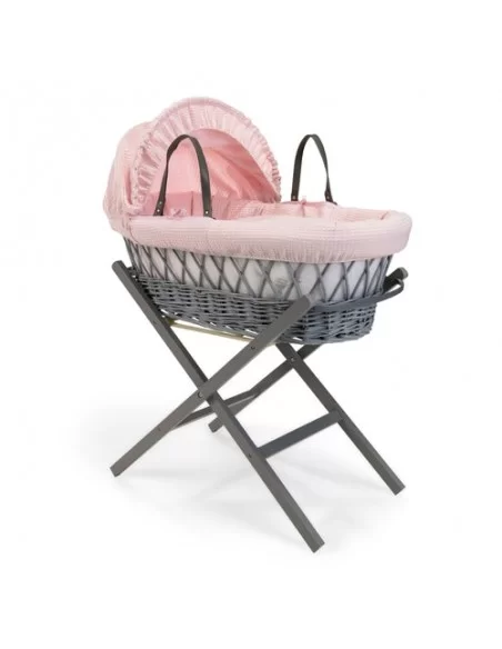 Clair de Lune Waffle Grey Wicker Moses Basket-Pink + Rocking Stand Clair De Lune