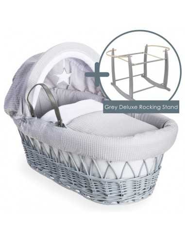 Clair de Lune Silver Lining Grey Wicker Moses Basket+Rocking Stand-Grey
