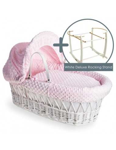 Clair de Lune Dimple White Wicker Moses Basket+Rocking Stand-Pink