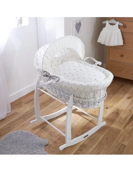 Clair de Lune Lullaby Hearts White Wicker Moses Basket+Rocking Stand Clair De Lune