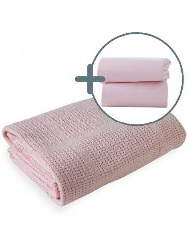 Clair de Lune Soft Cotton Cellular Cot Blanket + Cot Bed Sheets-Pink