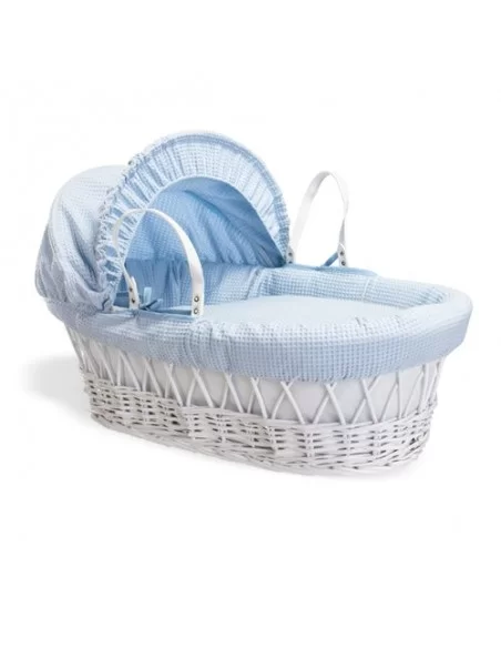 Clair de Lune Waffle White Wicker Moses Basket-Blue + White Rocking Stand Clair De Lune