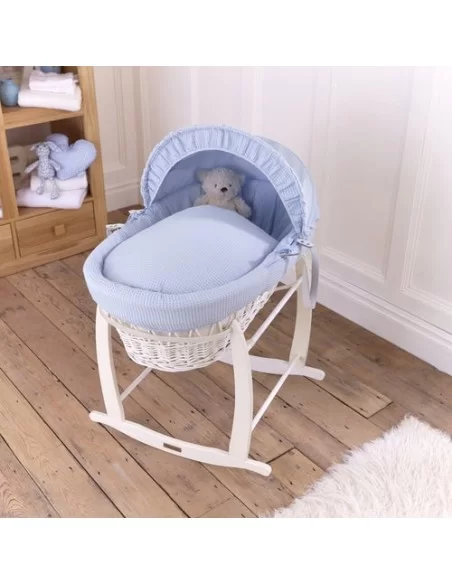 Clair de Lune Waffle White Wicker Moses Basket-Blue + White Rocking Stand Clair De Lune