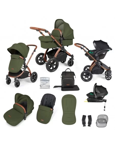 Ickle Bubba Stomp Luxe Bronze Frame All in One Premium i-Size Travel System With Isofix Base-Woodland/Tan Handle Ickle Bubba