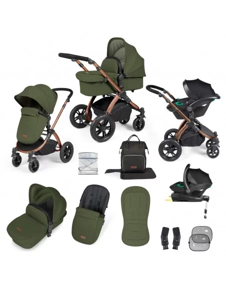 Ickle Bubba Stomp Luxe Bronze Frame All in One Premium i-Size Travel System With Isofix Base-Woodland/Black Handle Ickle Bubba