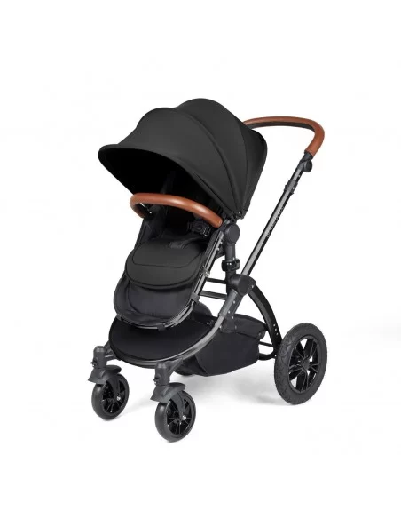 Ickle Bubba Stomp Luxe Black Frame All in One Premium i-Size Travel System With Isofix Base-Midnight/Tan Handle Ickle Bubba