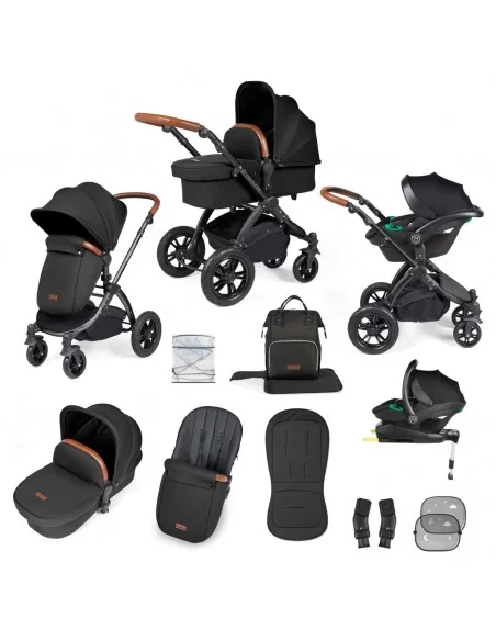 Ickle Bubba Stomp Luxe Black Frame All in One Premium i-Size Travel System With Isofix Base-Midnight/Tan Handle Ickle Bubba