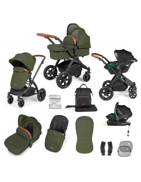 Ickle Bubba Stomp Luxe Black Frame All in One Premium i-Size Travel System With Isofix Base-Woodland/Tan Handle Ickle Bubba