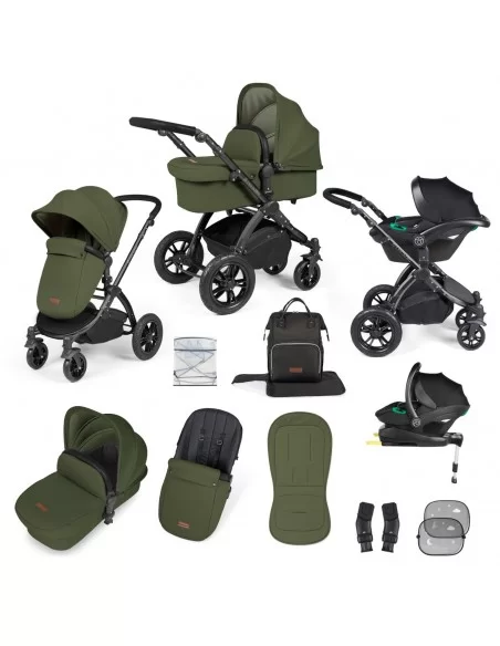 Ickle Bubba Stomp Luxe Black Frame All in One Premium i-Size Travel System With Isofix Base-Woodland/Black Handle Ickle Bubba