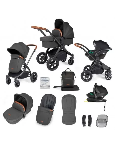 Ickle Bubba Stomp Luxe Black Frame All in One Premium i-Size Travel System With Isofix Base-Charcoal Grey/Tan Handle Ickle Bubba