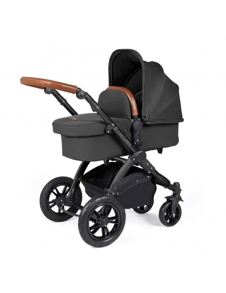 Ickle Bubba Stomp Luxe Black Frame All in One Premium i-Size Travel System With Isofix Base-Charcoal Grey/Tan Handle Ickle Bubba