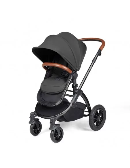 Ickle Bubba Stomp Luxe Black Frame All in One Premium i-Size Travel System With Isofix Base-Charcoal Grey/Tan Handle Ickle Bubba