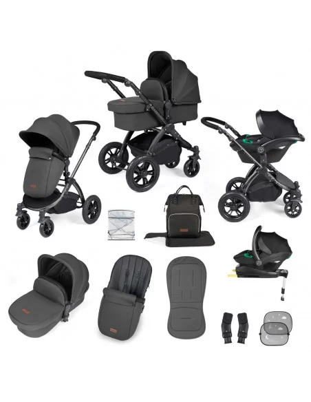 Ickle Bubba Stomp Luxe Black Frame All in One Premium i-Size Travel System With Isofix Base-Charcoal Grey/Black Handle Ickle Bubba