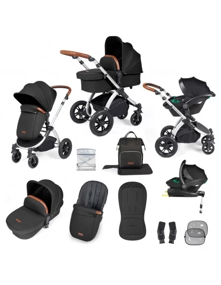 Ickle Bubba Stomp Luxe Silver Frame All in One Premium i-Size Travel System With Isofix Base-Midnight/Tan Handle Ickle Bubba